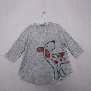 Inoah Top Large Dog Novelty V Neck Lagenlook Art to Wear Relaxed Fit 3/4 Sleeve